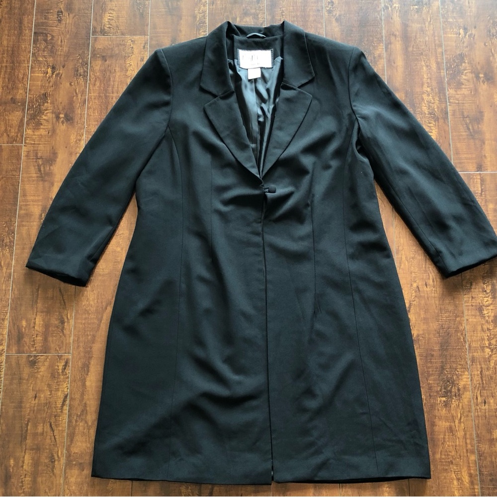 Mary McFadden Vintage Black Duster Coat Jacket Size 18 One-Button Closure Lined